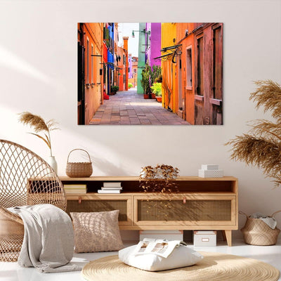 Bilder auf Leinwand 100x70cm Leinwandbild mit Rahmen Sommer Strasse Haus Gross Wanddeko Bild Schlafz