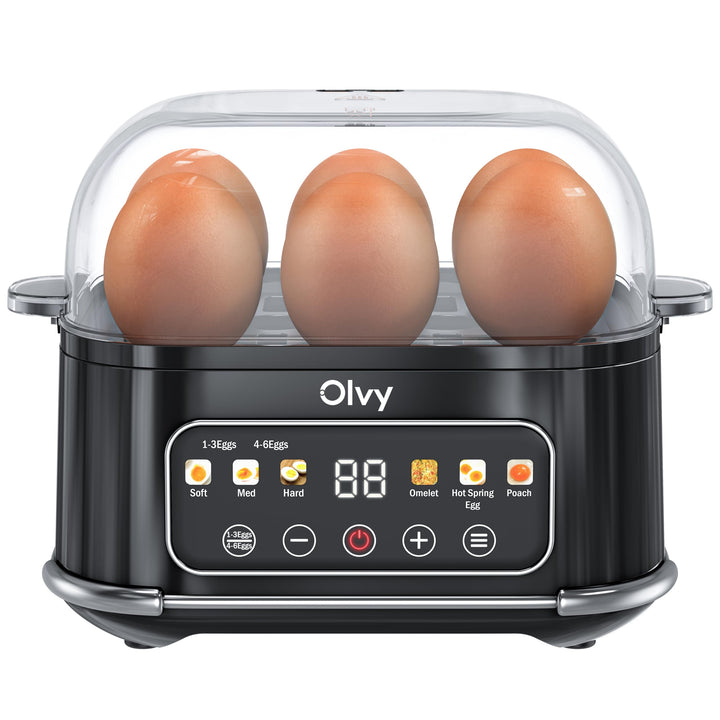Olvy automatischer Eierkocher 6 Eier – Profi 6-in-1 Eierkocher mit LCD-Timer und Dampfgarer – ideal