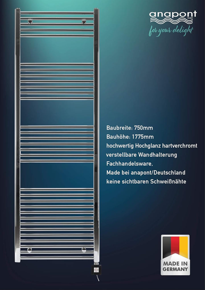 anapont elektrischer Badheizkörper - gerade - Chrom - Timer-Funktion - Handtuchheizkörper - Badheizu