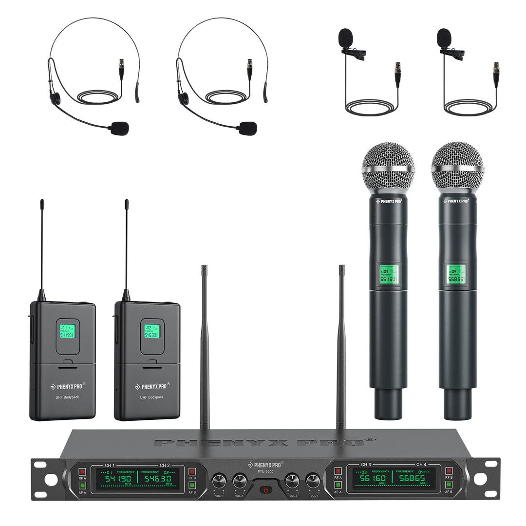 Phenyx Pro 4-Kanal UHF Drahtlos-Mikrofonsystem, Festfrequenz-Mikrofon mit Hand-/Taschen-/Kopfbügel-/