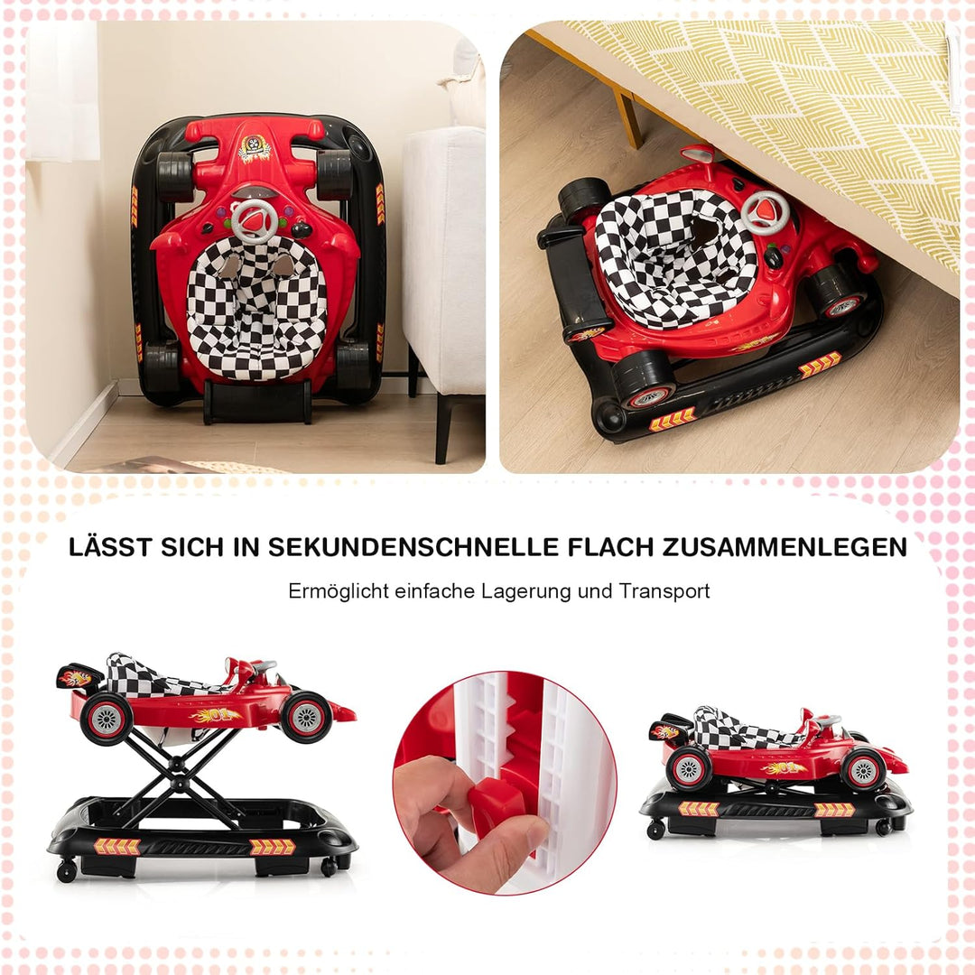 DREAMADE Lauflernwagen Klappbar, Rennauto-Motiv Lauflernhilfe mit 3 Einstellbaren Höhen, Abnehmbarem