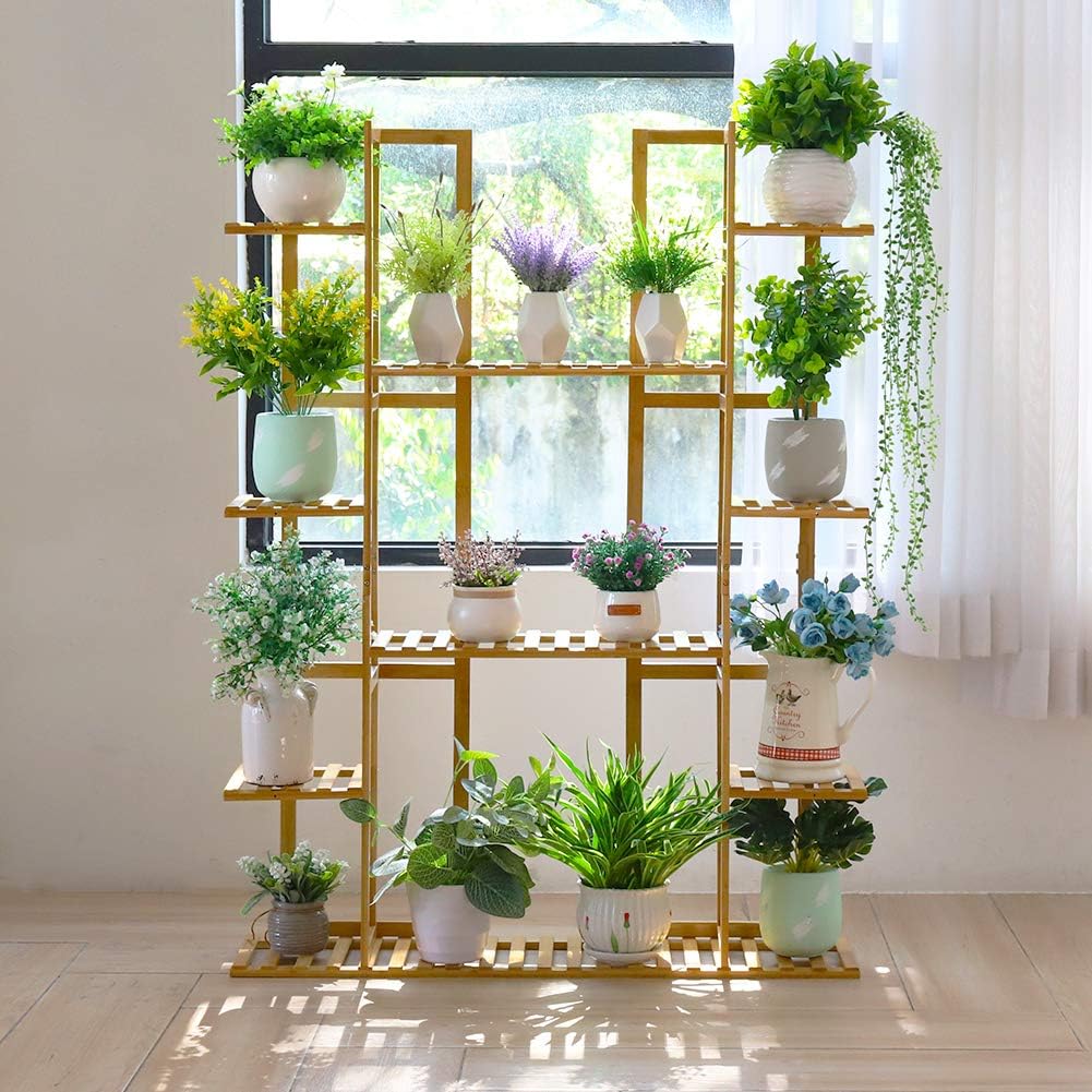 Pflanzenregal Bambus, Blumenregal mit 9 Ablagen mehrstöckig, EXTRA GROss Blumenständer Blumentreppe