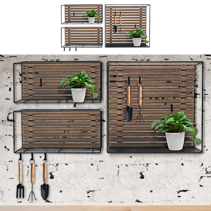 Cepewa Wandregal 3er Set S-Haken │ 2 Grössen Eisen Holz │ Regal Hängeregal Küchenregal Aufbewahrung