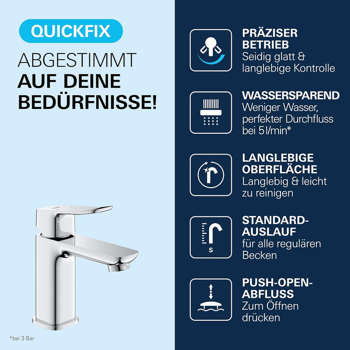 GROHE Dice, Waschtischarmatur, wassersparend (Wasserhahn für das Bad, Badarmatur mit Push-Open Ablau