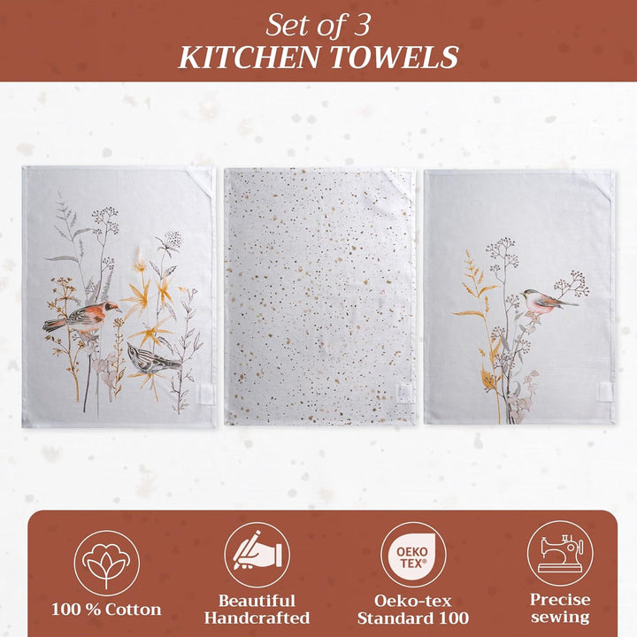 Maison d' Hermine Medow Florals-Beige 100% Baumwolle Set von 3 Multi-Purpose Küchenhandtuch | Bar Ha
