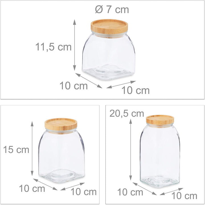 Relaxdays Vorratsgläser, 3er Set, Grössen 600, 1000, 1400 ml, für Müsli, Pasta, Linsen, Bambusdeckel