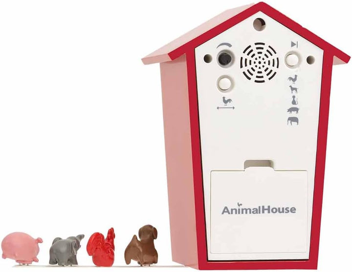 KOOKOO AnimalHouse Rot, Moderne kleine Kuckucksuhr mit 5 Bauernhoftieren, Aufnahmen aus der Natur. H