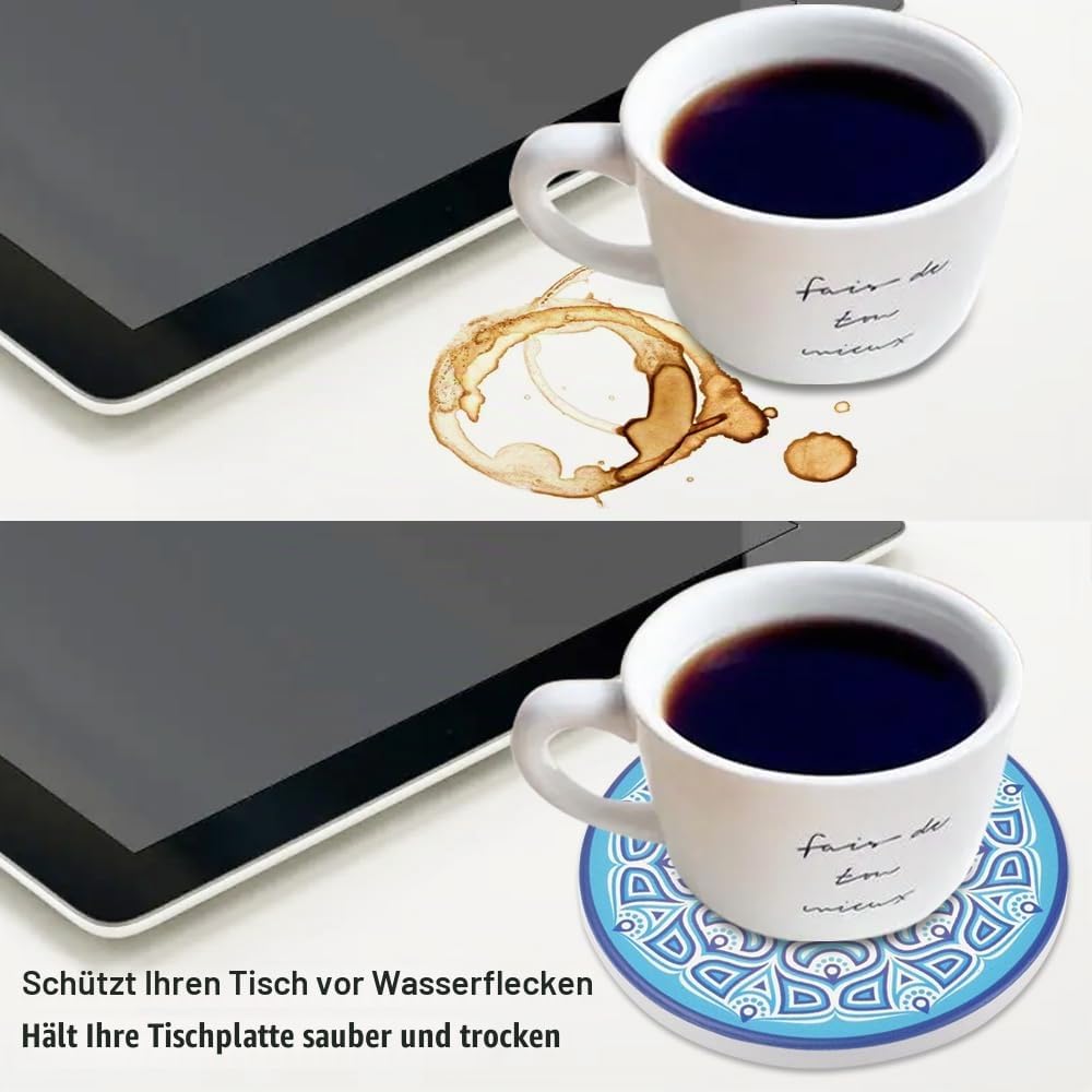 Newk Untersetzer für Getränke, Set mit 8 saugfähigen Keramikuntersetzern mit Metallhalter, helle Bun