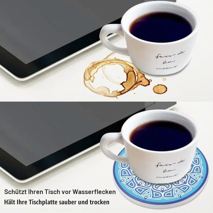 Newk Untersetzer für Getränke, Set mit 8 saugfähigen Keramikuntersetzern mit Metallhalter, helle Bun