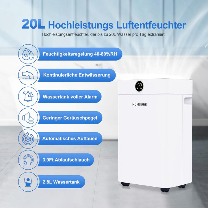Luftentfeuchter 20L, Luftentfeuchter Kellerräume 200m³ (~50 m²) mit Digitalanzeige, Timer, Automatis