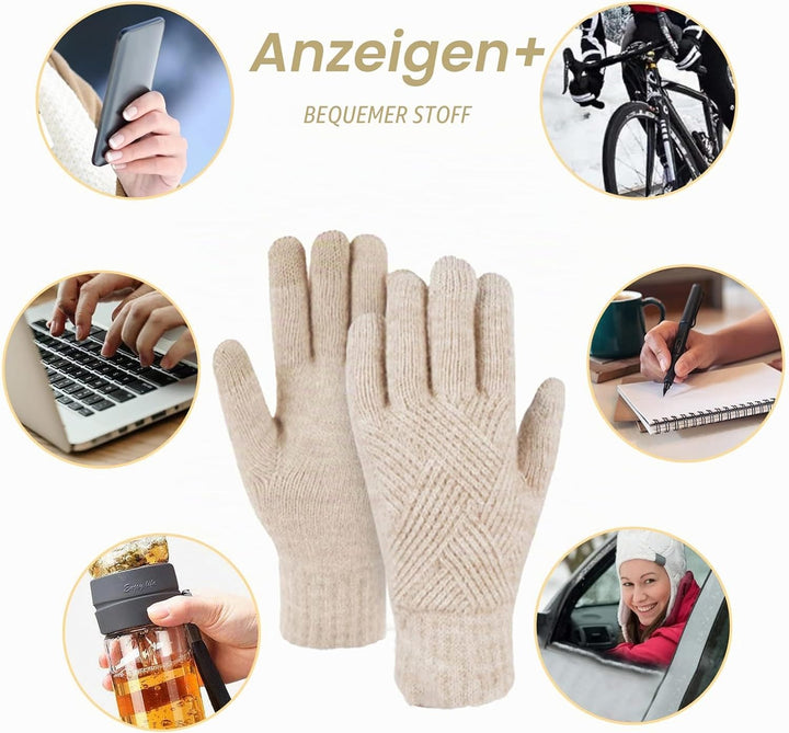 Damen Bommelmütze, Schals, Handschuhe, Set, Thermo, Winter, warm, Strickmütze, Halswärmer und Touchs