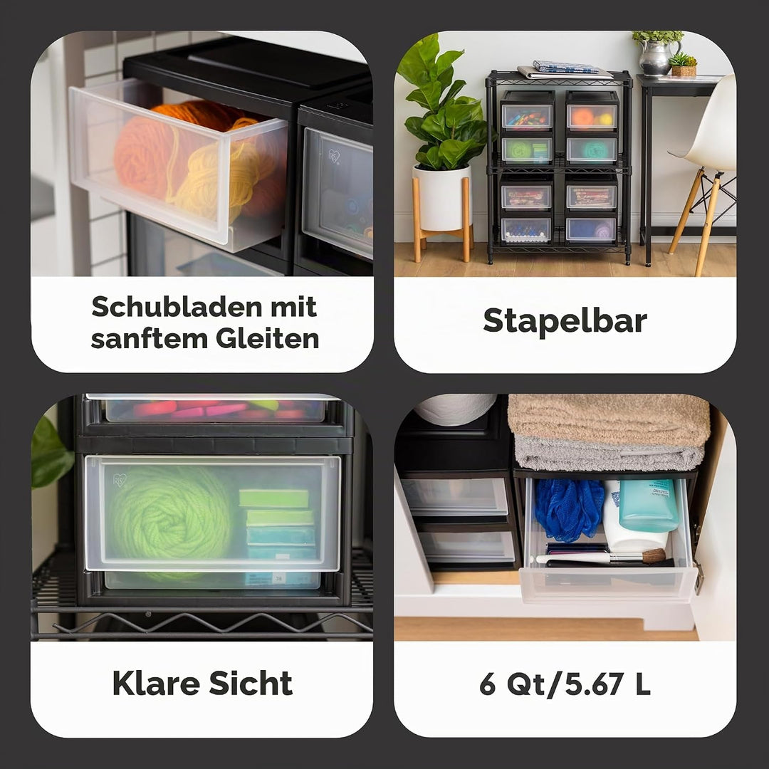 Iris Ohyama, Aufbewahrungsschublade, Kunststoff-Aufbewahrungsturm Büro, 4er-Set, MSD-1, Schwarz 7L /