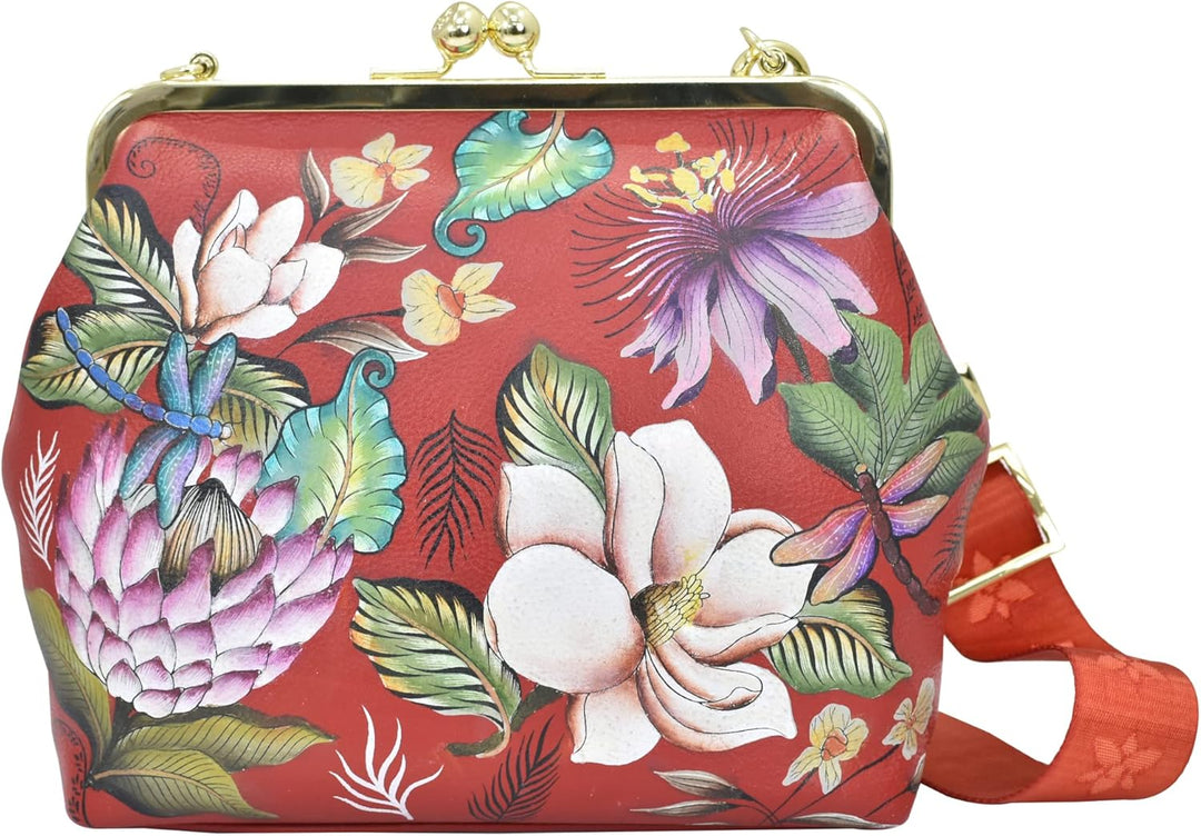 Anuschka Women's Frame Crossbody Tasche aus Echtleder, handbemalt, mittlere Grösse mit Rahmen Crimso