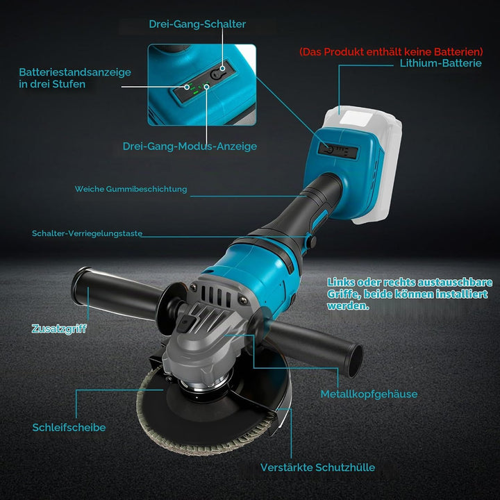 Winkelschleifer Kompatibel mit Makita 18V Akkus, Akku Winkelschleifer 125mm, 1180W Akku Flex Bürsten