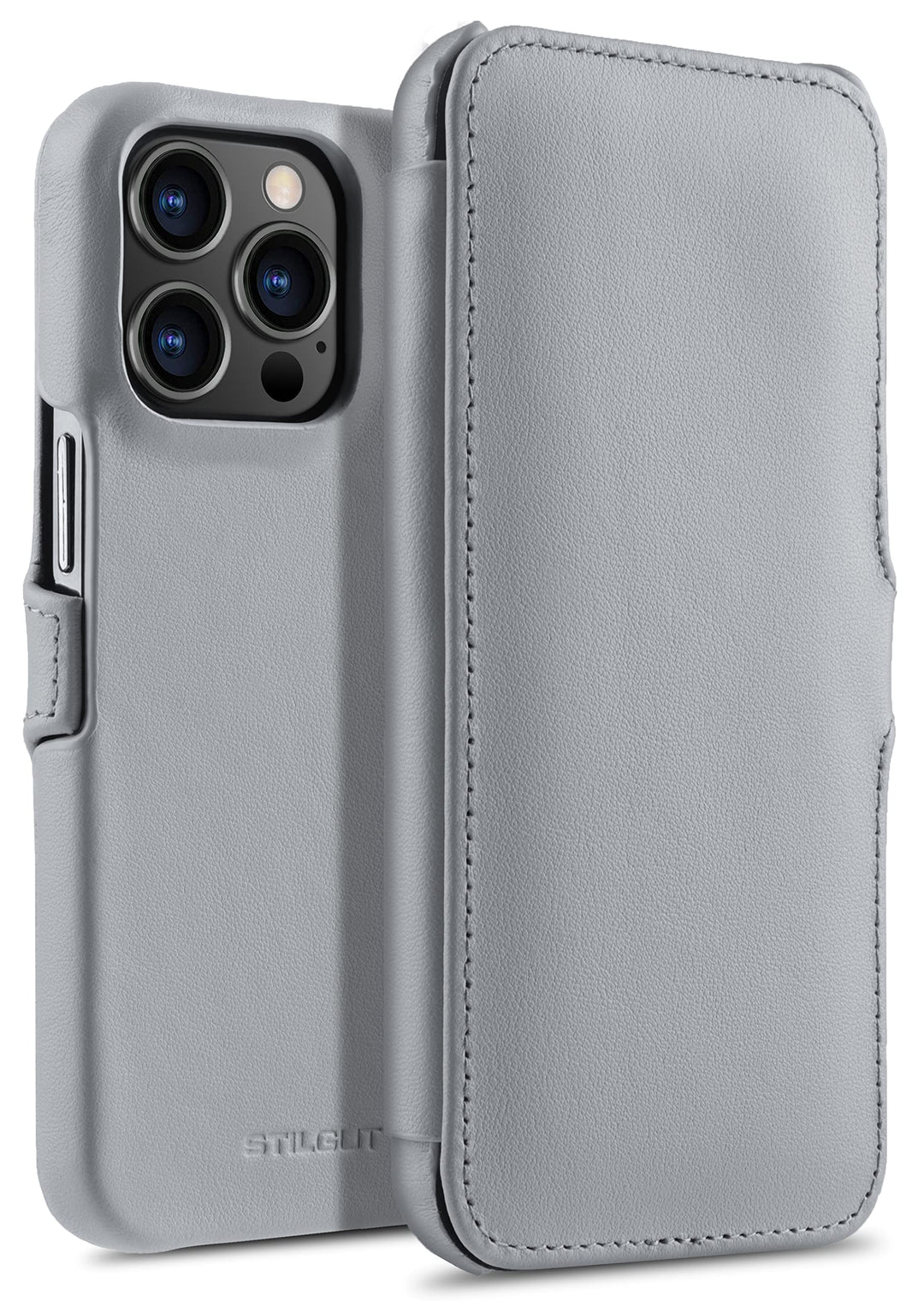 STILGUT Book Case kompatibel mit iPhone 13 Pro Max (6.7“) Hülle aus Leder mit Clip-Verschluss, Klapp