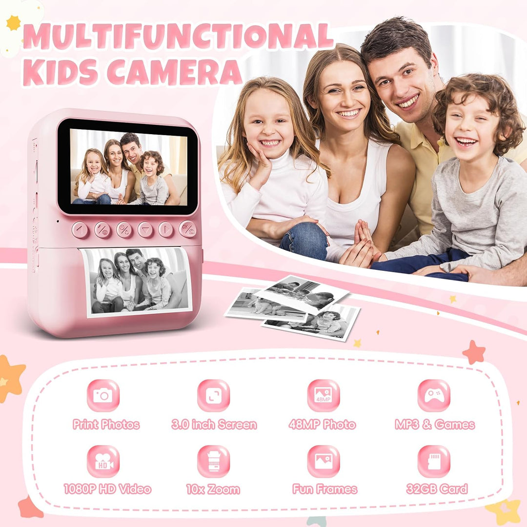 CalineGam Sofortbildkamera Kinder, 3,0 Zoll Bildschirm 48MP Kinderkamera Sofortbildkamera mit 32 GB-