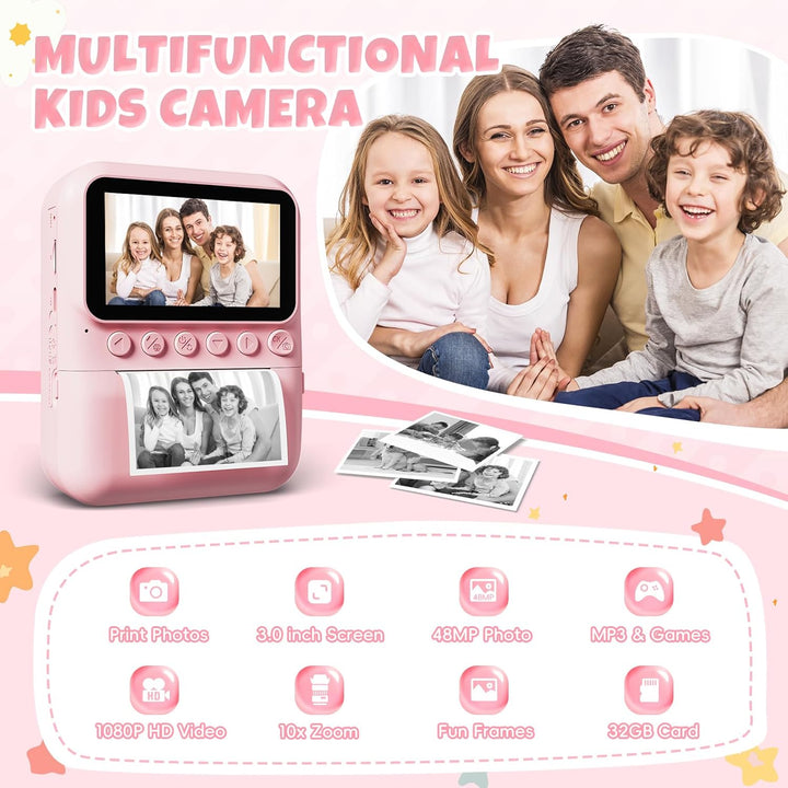 CalineGam Sofortbildkamera Kinder, 3,0 Zoll Bildschirm 48MP Kinderkamera Sofortbildkamera mit 32 GB-