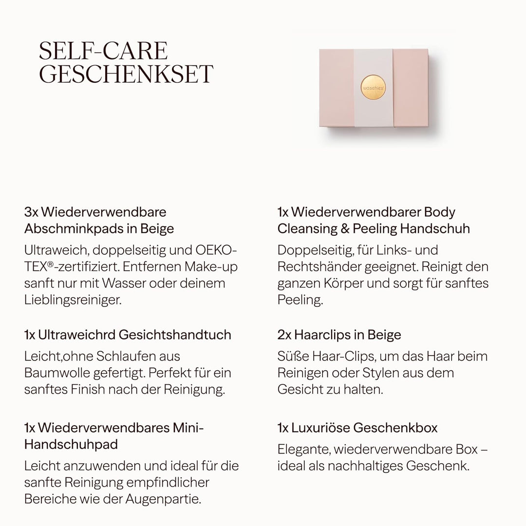 Waschies 8-tlg. „Self Care“ Geschenkset für Frauen – Geschenkbox mit Abschminkpads, Mini Waschhandsc