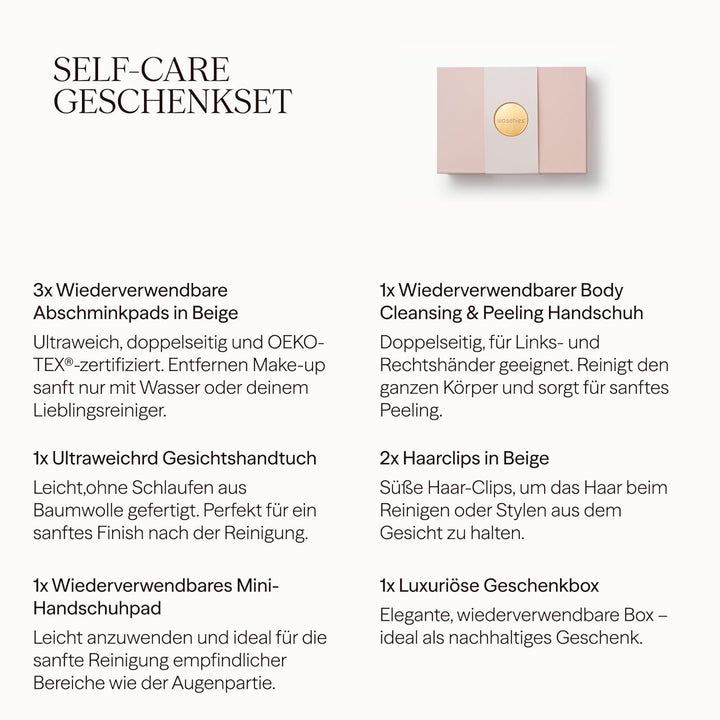 Waschies 8-tlg. „Self Care“ Geschenkset für Frauen – Geschenkbox mit Abschminkpads, Mini Waschhandsc