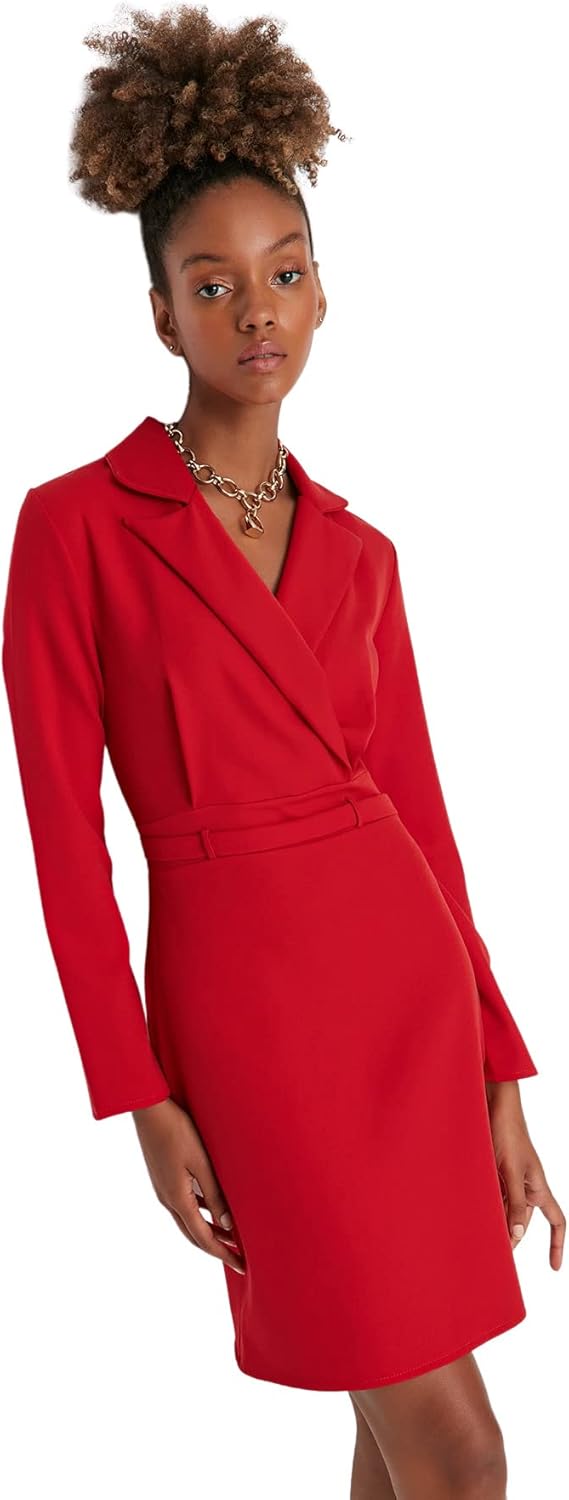 TRENDYOL Damen Woman Mini Bodycon Karrée-Ausschnitt Webstoff Kleid 34 Rot, 34 Rot