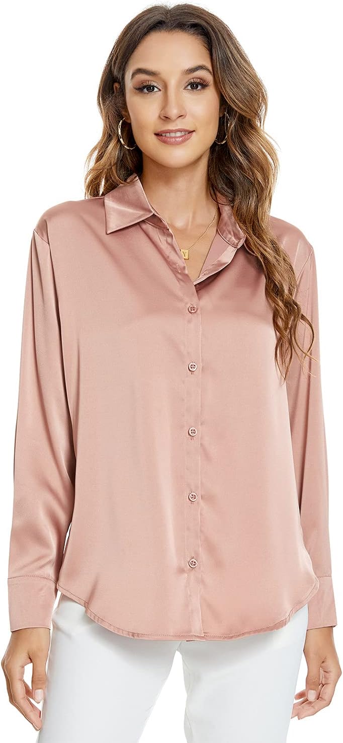 Atnlewhi Damen Bluse Langarm Knöpfen Satin Seide Hemden Basic Kent Kragen Arbeit Büro Formelle Casua