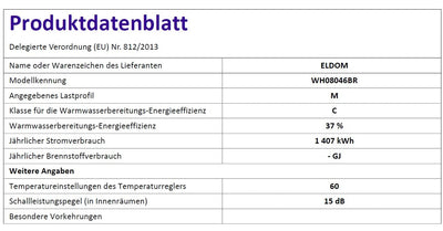 ELDOM Favourite 80 Liter Warmwasserspeicher 2 kW. Horizontal Anshlüsse UNTEN