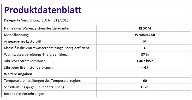 ELDOM Favourite 80 Liter Warmwasserspeicher 2 kW. Horizontal Anshlüsse UNTEN