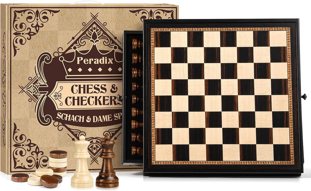 Peradix Schach Dame Spiel 2 in 1 Magnetisch Schachspiel aus Holz, 38 cm Schachbrett mit Aufbewahrung