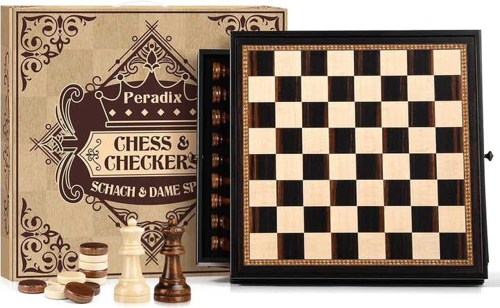Peradix Schach Dame Spiel 2 in 1 Magnetisch Schachspiel aus Holz, 38 cm Schachbrett mit Aufbewahrung