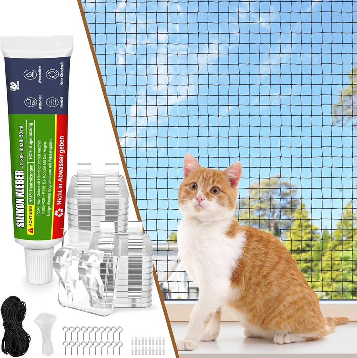 Aystkniet Katzennetz für Balkon Ohne Bohren inkl. Klebehaken & Silikonkleber, 2×3M Katzennetz Drahtv