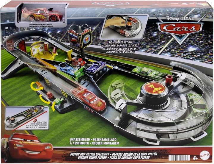 DISNEY Pixar Cars Piston Cup Action - Interaktives Rennstrecken Spielset, Beschleuniger, Boxengassen