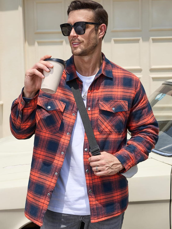 TACVASEN Herren Karierte Hemdjacke Flanellhemd Holzfällerhemd Thermohemd Jacke S Orange, S Orange