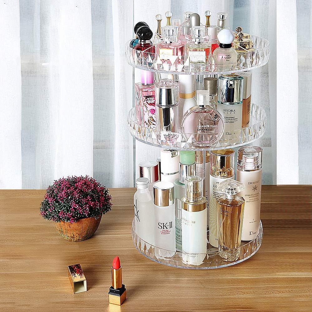 TRIXES Bilden-Organizer - 360 Grad Kosmetik Organiser - 3-stöckiger, klarer Acrylständer - Drehbares
