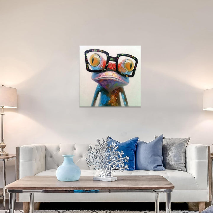 Fokenzary handgemaltes Ölgemälde auf Leinwand niedlicher Frosch mit Brille fertig gespannt und gerah