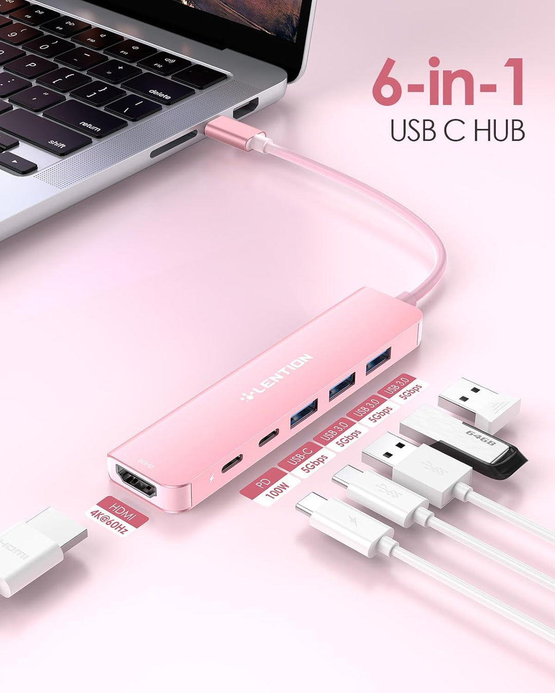 LENTION USB C Hub mit 4K@60Hz HDMI, 100W PD, USB-C Datei, USB 3.0, Multiport Adapter kompatibel 2025