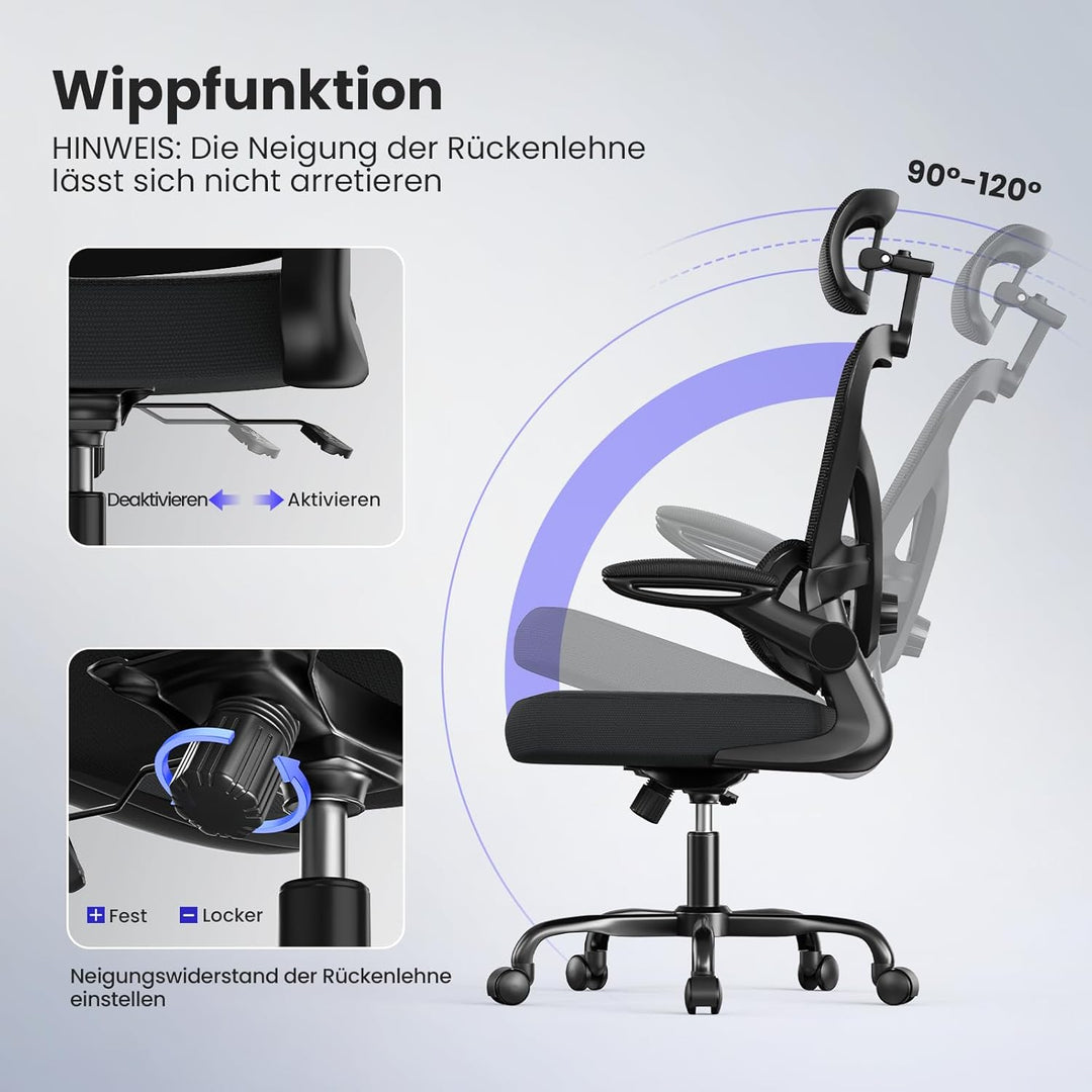 naspaluro Ergonomischer Bürostuhl mit Dynamischer Lordosenstütze, Schreibtischstuhl mit 3D-Kopfstütz
