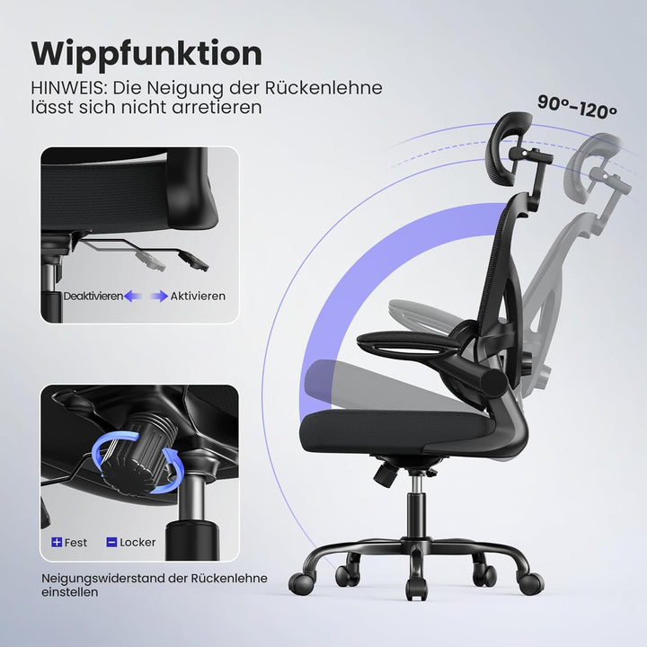naspaluro Ergonomischer Bürostuhl mit Dynamischer Lordosenstütze, Schreibtischstuhl mit 3D-Kopfstütz