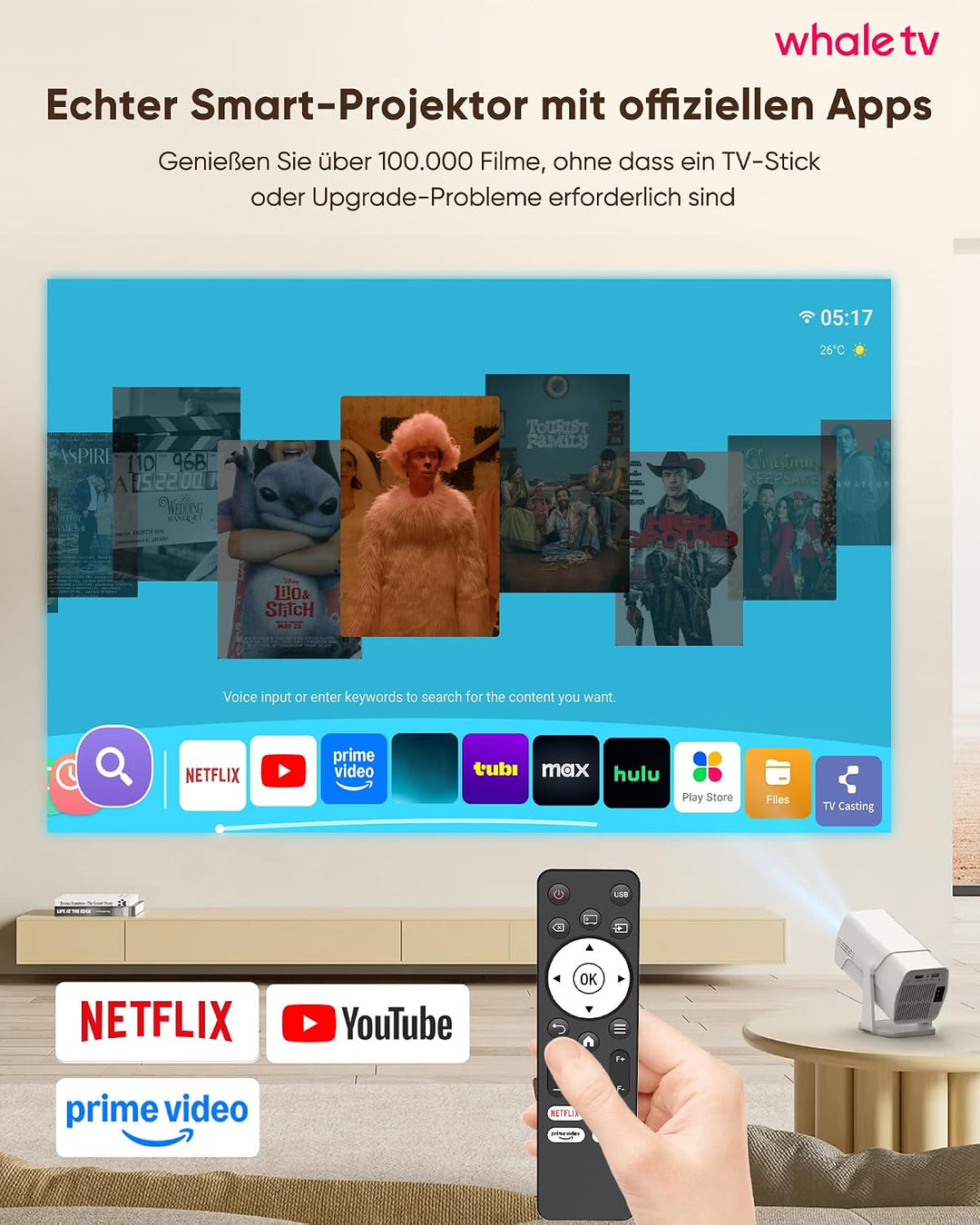 Mini Beamer Kompatibel mit Netflix 1080P Full HD, Integrierte Apps, WiFi & Bluetooth, Elektrischer F