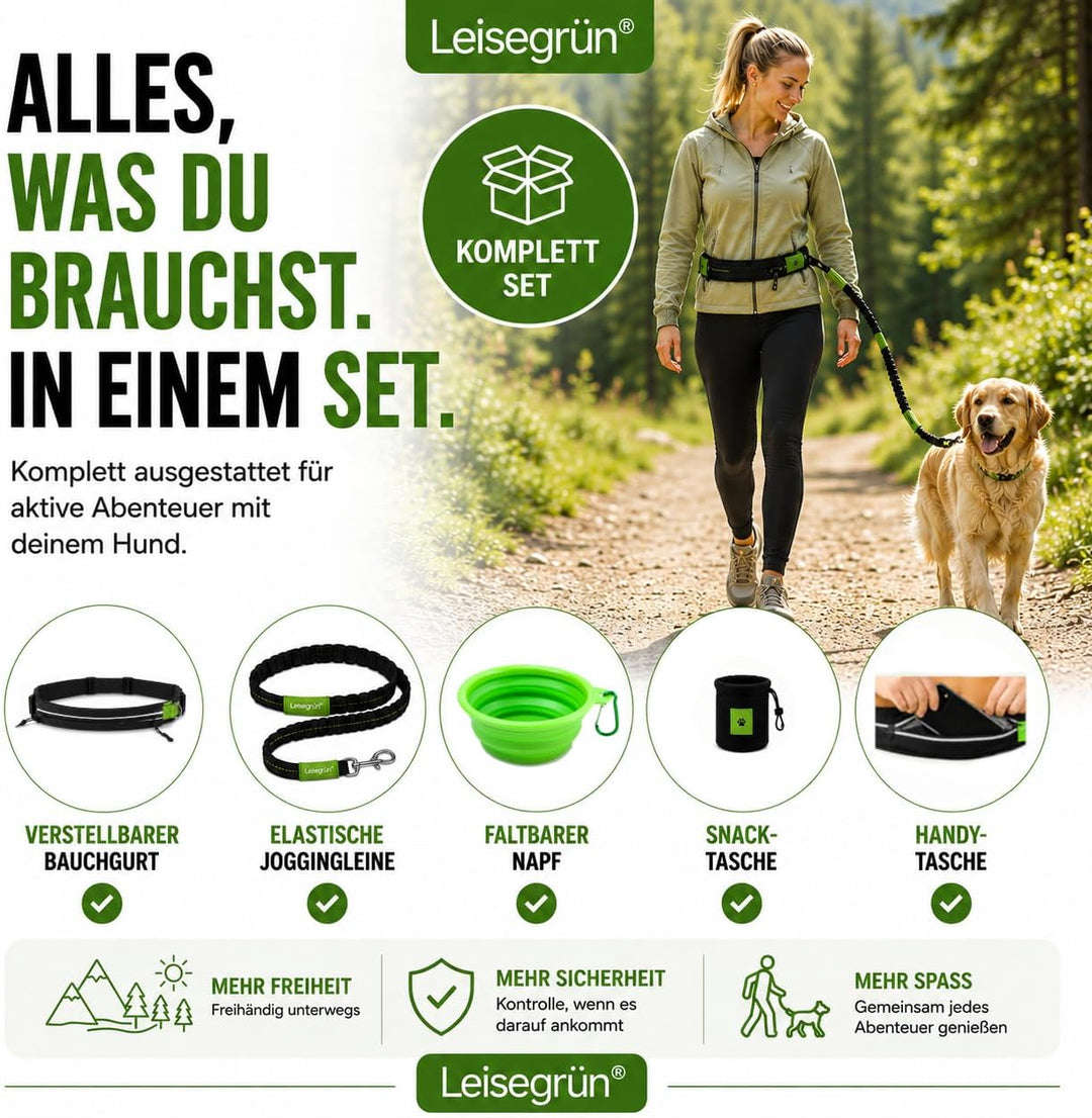 Leisegrün Joggingleine für mittelgrosse Hunde bis 25 kg – Freihand-Hundeleine mit verstellbarem Bauc