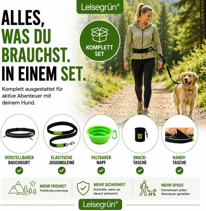 Leisegrün Joggingleine für mittelgrosse Hunde bis 25 kg – Freihand-Hundeleine mit verstellbarem Bauc