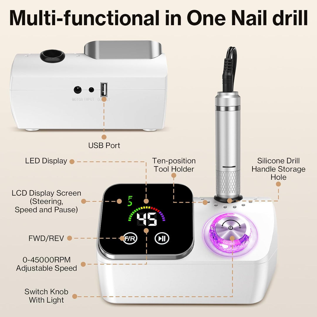 Elektrischer Nagelfeile Nagelfräser für Gelnägel, 45000 U/min Nagelfräser Professioneller mit LCD-An