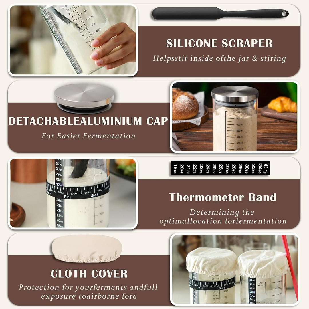 Sauerteig Starter Jar Kit 1000ml Gärglas mit Spatel, Fermentierglas, Sauerteig Glas Jar, Sourdough S
