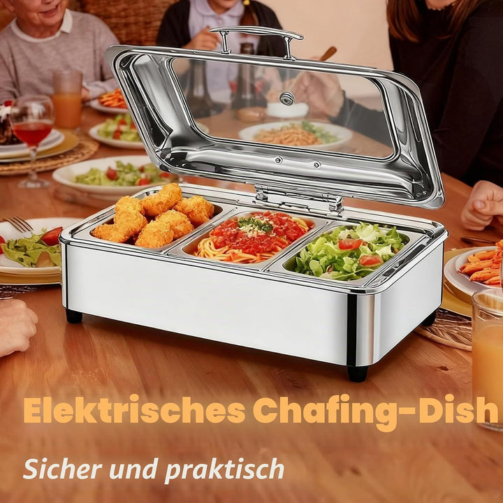 Chafing Dish Elektrisch, 9L Edelstahl Warmhaltebehälter Essen Elektrisch mit Glasdeckel, Speisewärme