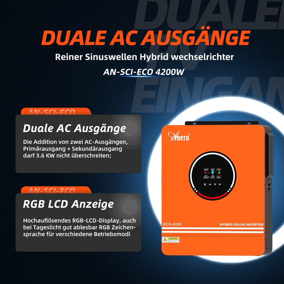 Anern 4200W Hybrid Wechselrichter Solar mit WiFi Modul 24VDC auf 220V/230V AC mit 120A MPPT Solarreg