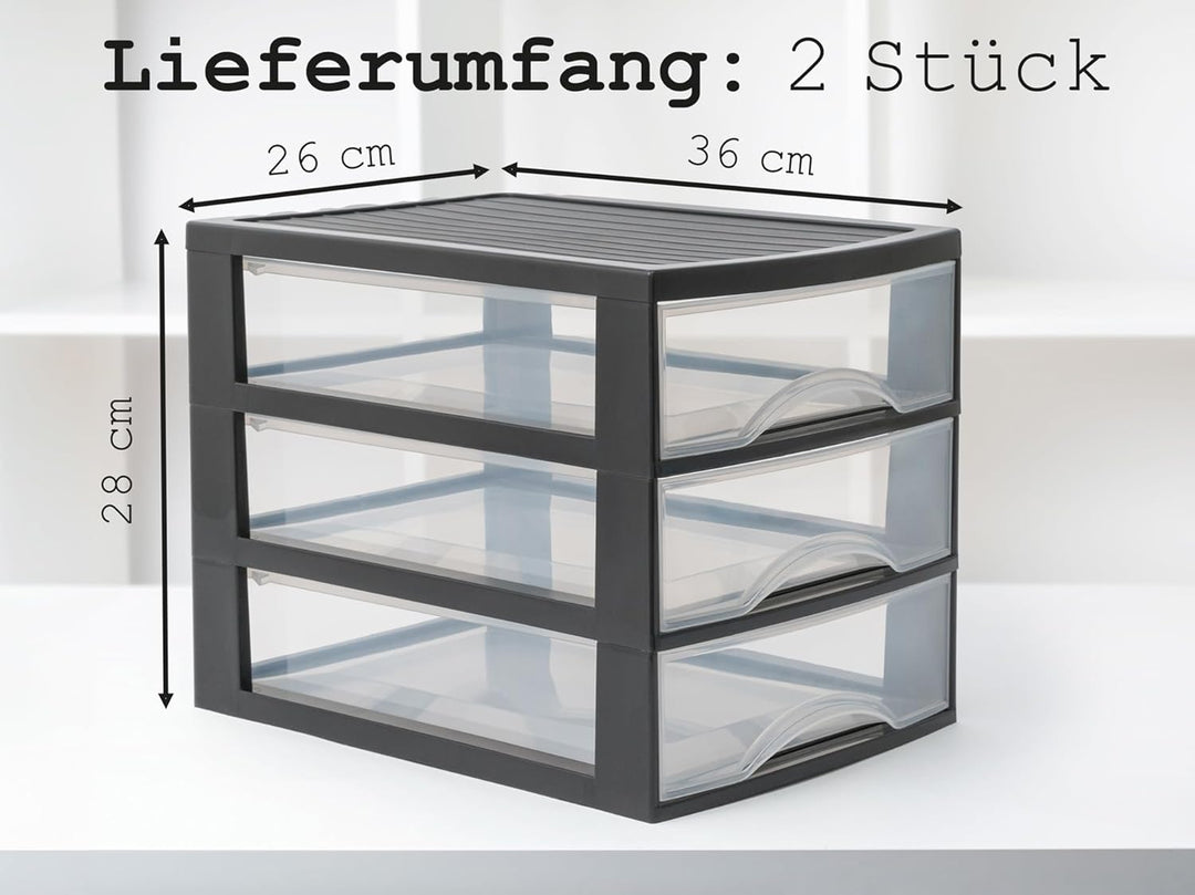Hausfelder Schubladenbox A4 mit 3 Schubladen inkl. Aufkleber, Schubladenturm Box aus Kunststoff für