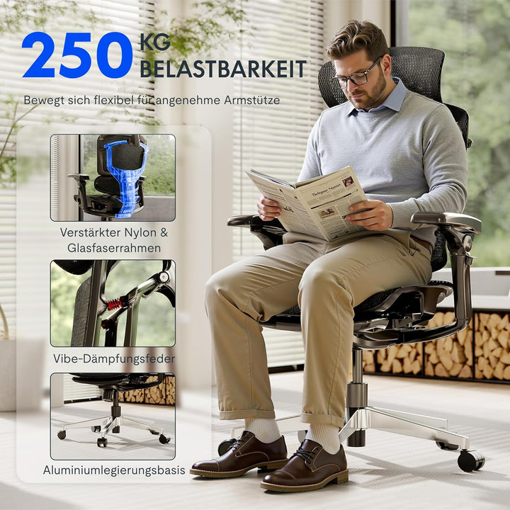 FLEXISPOT ErgoX Pro Ergonomischer Bürostuhl mit ausziehbarer Fussstütze, 12-stufiger Höhenverstellun