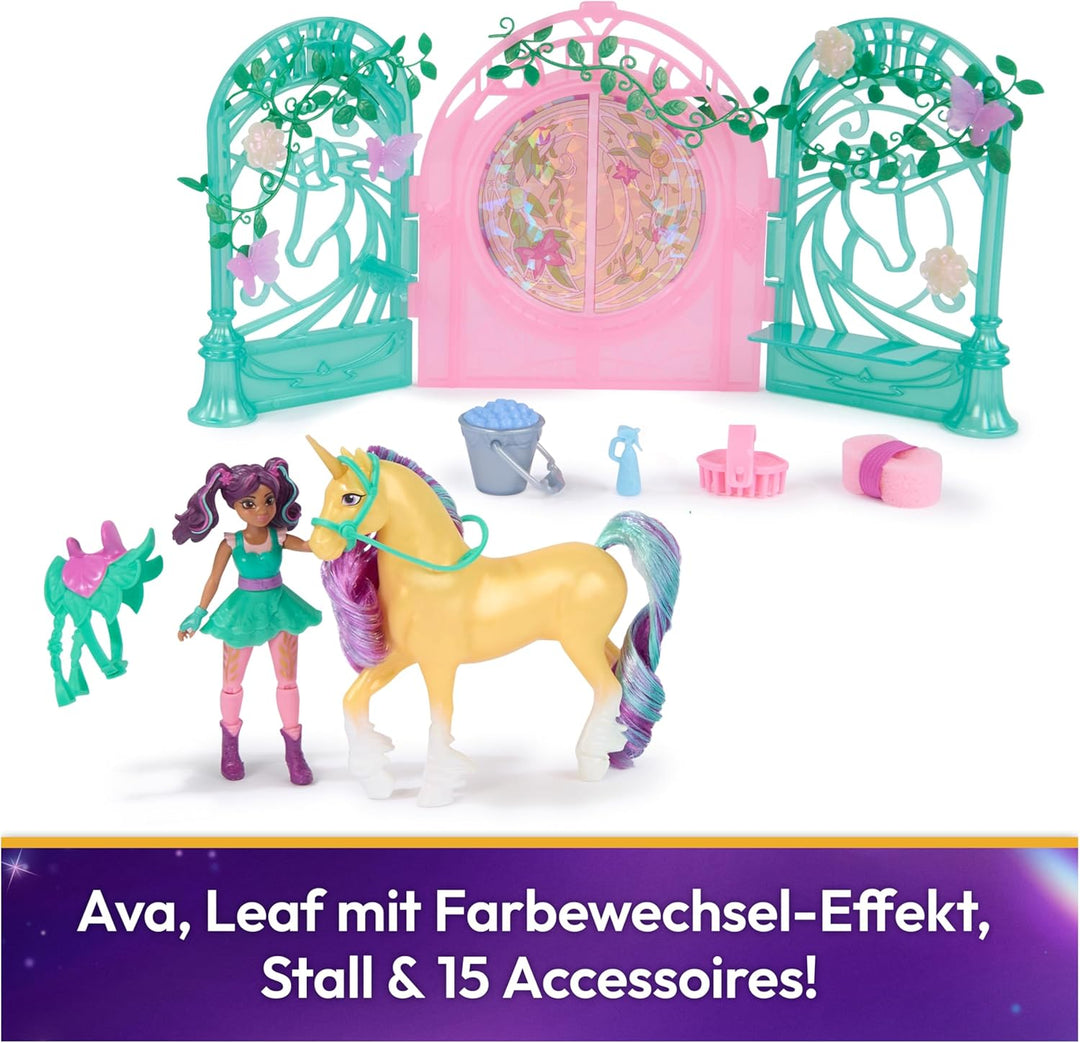 Unicorn Academy - Ava und Einhorn Leaf Stall Spielset mit Farbwechseleffekt und ca. 12 cm grossen Or