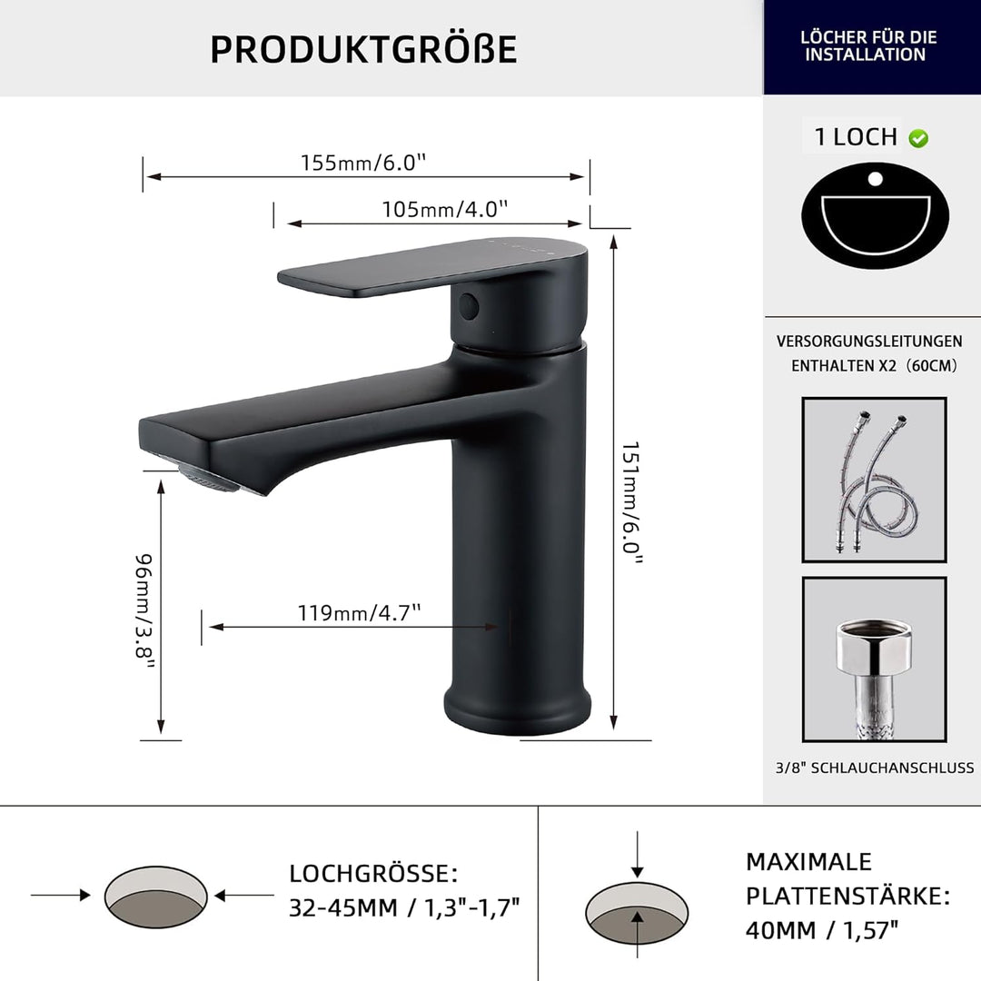 BELZ Wasserhahn Bad, Einhebel-badarmatur, Armatur Badezimmer, Mischbatterie Bad, Höhe 96 mm, Energie