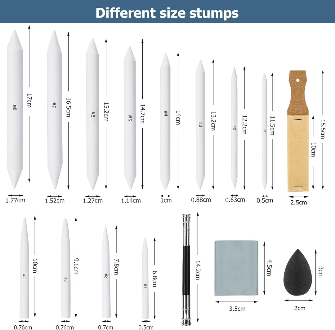 AGPTEK 48 PCS Sketch Drawing Tools, 20 Blending Stümpfe Set mit 2 Sandpapier Bleistiftspitzer, Bleis