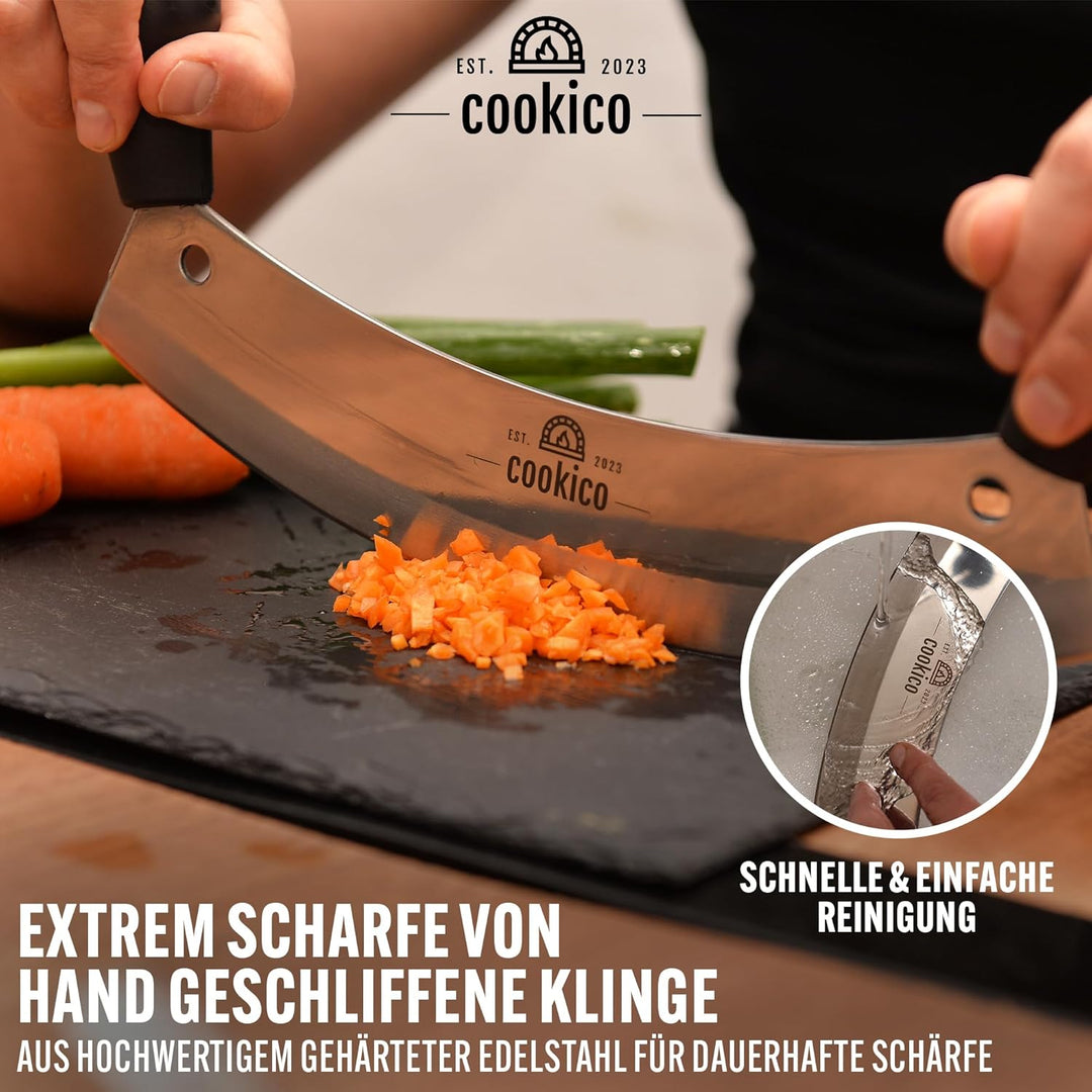 Pizzaschneider 30cm gross mit ergonomischen Handgriffen & Klingenschutz – Profi Wiegemesser für Pizz